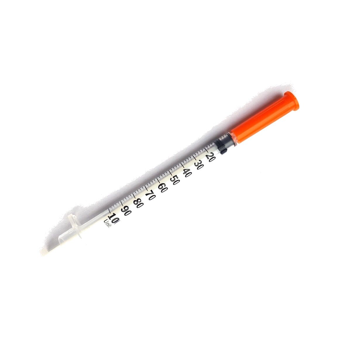 U-100 insulin syringe with a fine 30 gauge needle and orange cap